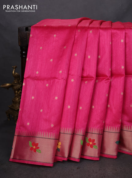 Semi paithani saree pink with zari woven buttas and parrot design paithani weaving pallu