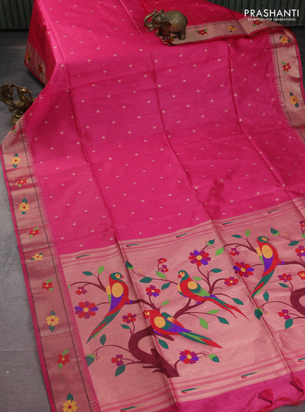 Semi paithani saree pink with zari woven buttas and parrot design paithani weaving pallu