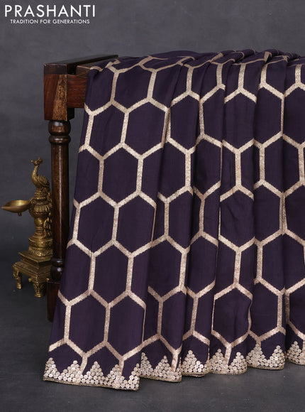 Banarasi silk saree jamun shade with allover geometric zari weaves and sequin work border with sequin reaymade work blouse