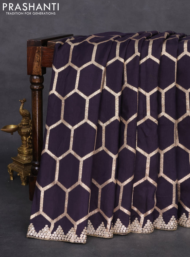 Banarasi silk saree jamun shade with allover geometric zari weaves and sequin work border with sequin reaymade work blouse