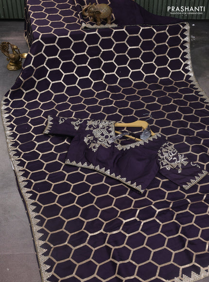 Banarasi silk saree jamun shade with allover geometric zari weaves and sequin work border with sequin reaymade work blouse