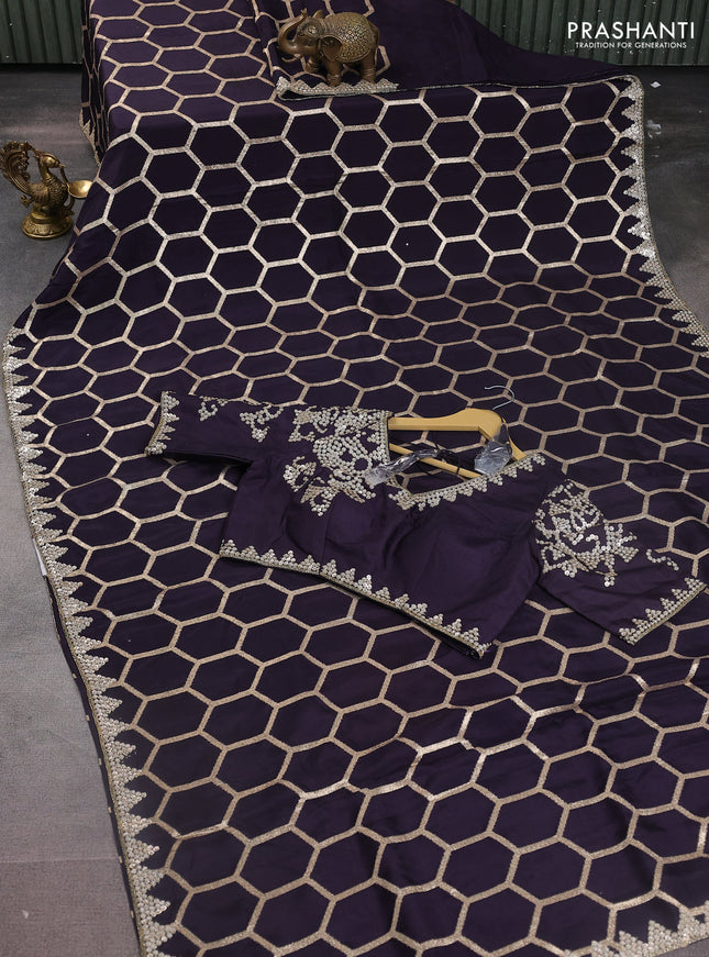 Banarasi silk saree jamun shade with allover geometric zari weaves and sequin work border with sequin reaymade work blouse