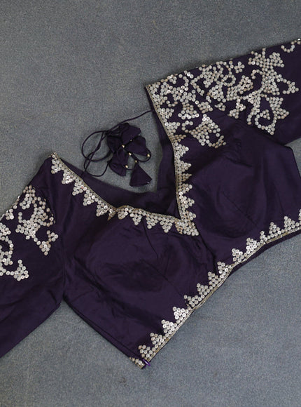 Banarasi silk saree jamun shade with allover geometric zari weaves and sequin work border with sequin reaymade work blouse