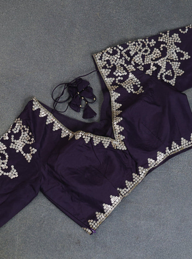 Banarasi silk saree jamun shade with allover geometric zari weaves and sequin work border with sequin reaymade work blouse