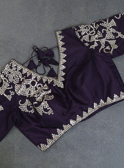 Banarasi silk saree jamun shade with allover geometric zari weaves and sequin work border with sequin reaymade work blouse