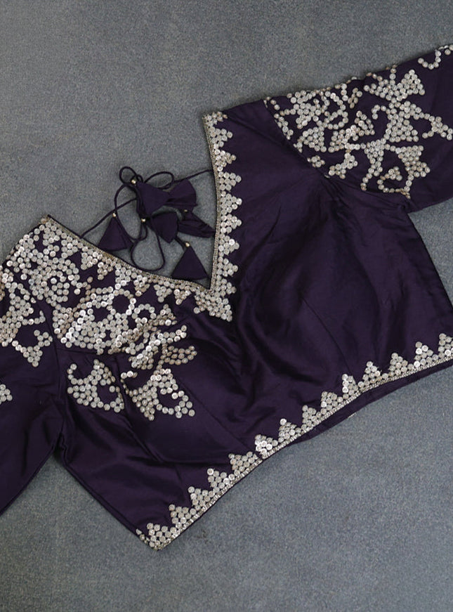 Banarasi silk saree jamun shade with allover geometric zari weaves and sequin work border with sequin reaymade work blouse