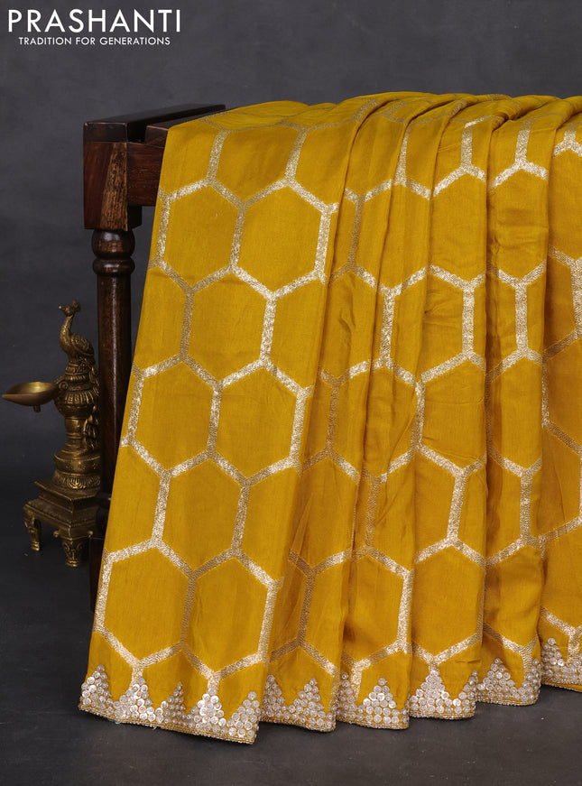 Banarasi silk saree mustard yellow with allover geometric zari weaves and sequin work border with sequin reaymade work blouse