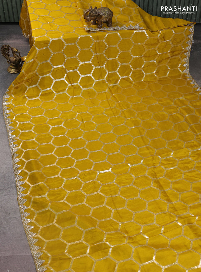Banarasi silk saree mustard yellow with allover geometric zari weaves and sequin work border with sequin reaymade work blouse