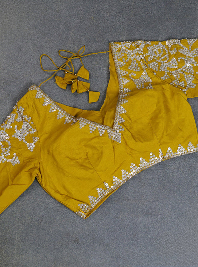 Banarasi silk saree mustard yellow with allover geometric zari weaves and sequin work border with sequin reaymade work blouse