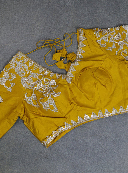 Banarasi silk saree mustard yellow with allover geometric zari weaves and sequin work border with sequin reaymade work blouse