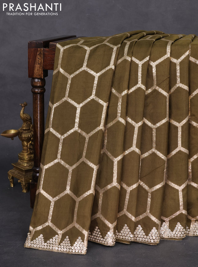 Banarasi silk saree dark mehendi green with allover geometric zari weaves and sequin work border with sequin reaymade work blouse