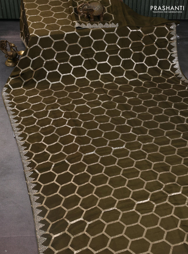 Banarasi silk saree dark mehendi green with allover geometric zari weaves and sequin work border with sequin reaymade work blouse