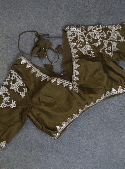 Banarasi silk saree dark mehendi green with allover geometric zari weaves and sequin work border with sequin reaymade work blouse