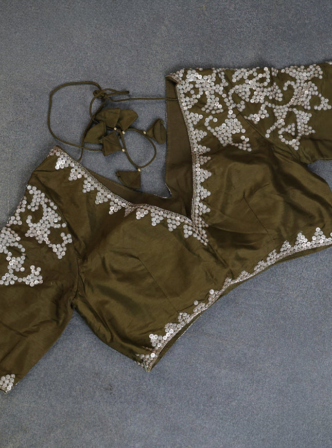 Banarasi silk saree dark mehendi green with allover geometric zari weaves and sequin work border with sequin reaymade work blouse