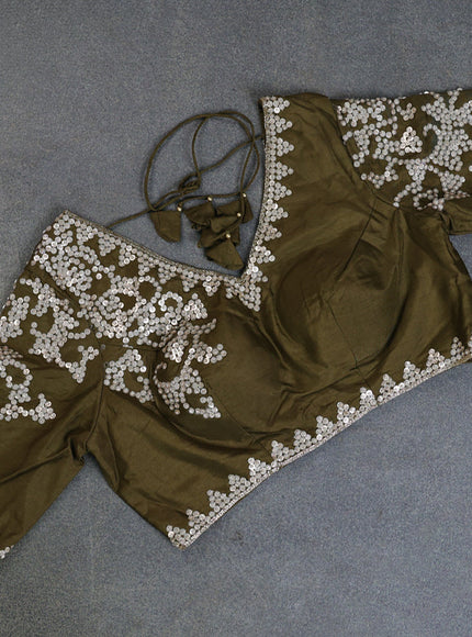 Banarasi silk saree dark mehendi green with allover geometric zari weaves and sequin work border with sequin reaymade work blouse