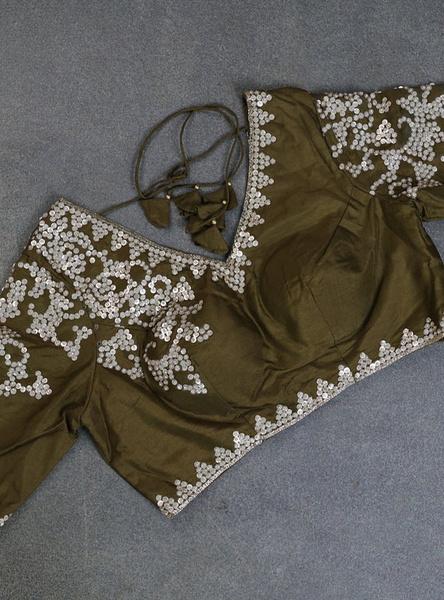 Banarasi silk saree dark mehendi green with allover geometric zari weaves and sequin work border with sequin reaymade work blouse