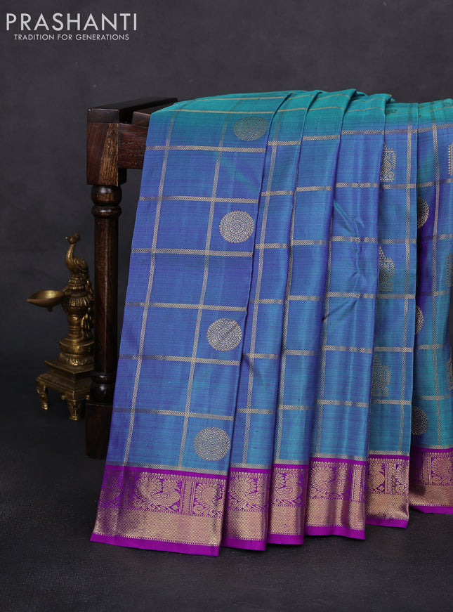 Pure kanchipuram silk saree blue shade and purple with allover zari checks & buttas and zari woven border