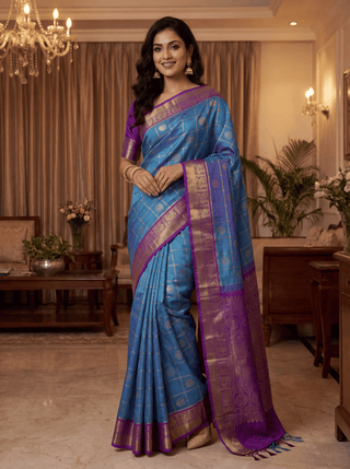 Pure kanchipuram silk saree blue shade and purple with allover zari checks & buttas and zari woven border