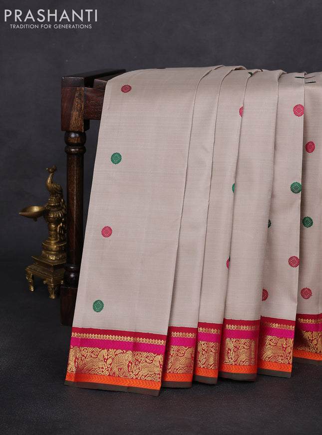 Pure kanchipuram silk saree pastel grey and maroon with thread woven buttas and ganga jamuna korvai border