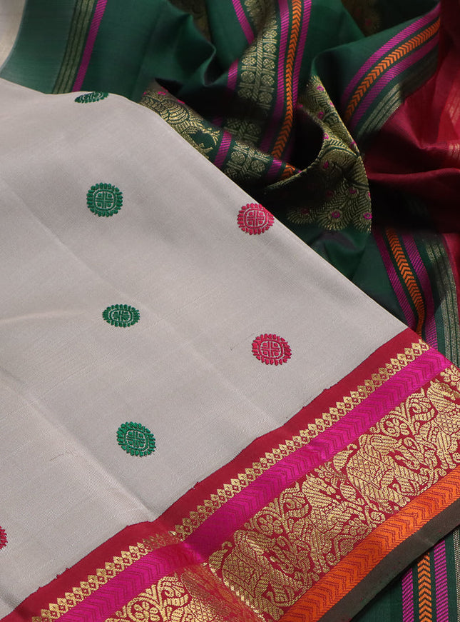 Pure kanchipuram silk saree pastel grey and maroon with thread woven buttas and ganga jamuna korvai border