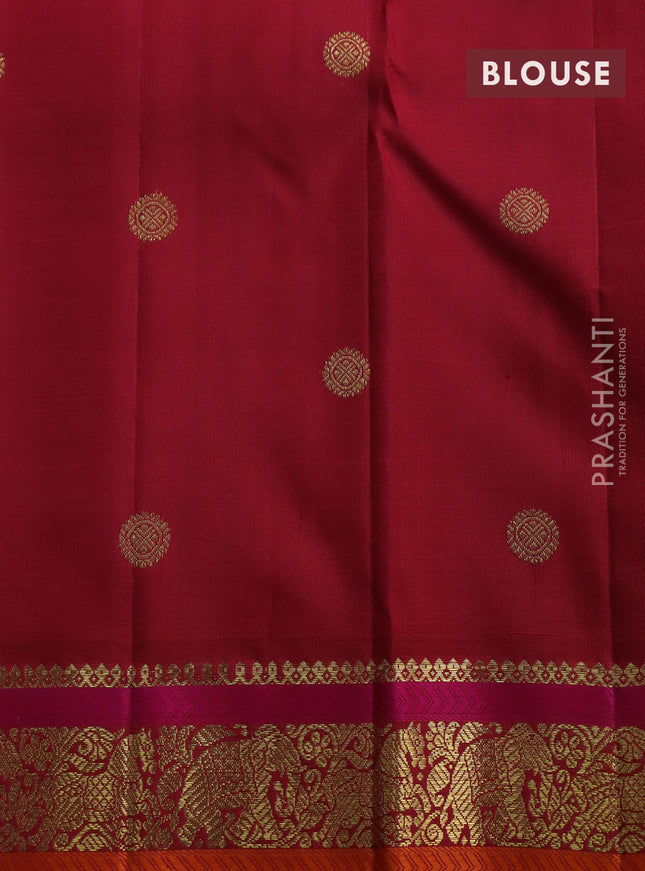 Pure kanchipuram silk saree pastel grey and maroon with thread woven buttas and ganga jamuna korvai border