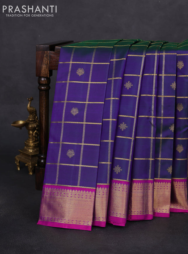 Pure kanchipuram silk saree dual shade of peacock blue and purple with allover zari checks & buttas and zari woven border