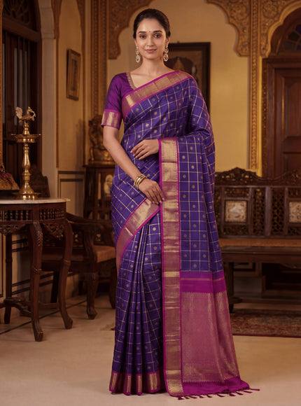 Pure kanchipuram silk saree dual shade of peacock blue and purple with allover zari checks & buttas and zari woven border