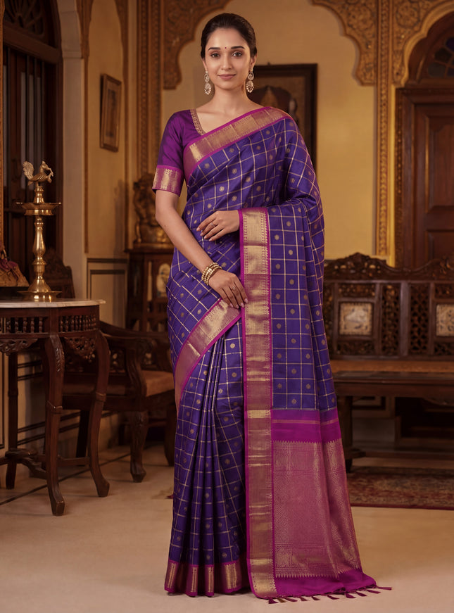 Pure kanchipuram silk saree dual shade of peacock blue and purple with allover zari checks & buttas and zari woven border