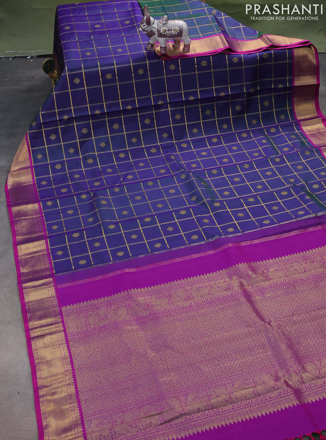 Pure kanchipuram silk saree dual shade of peacock blue and purple with allover zari checks & buttas and zari woven border