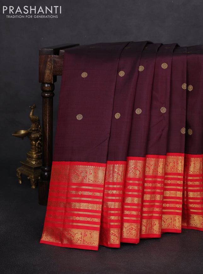 Pure kanchipuram silk saree deep jamun and red with zari woven buttas and zari woven korvai border