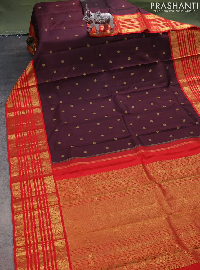 Pure kanchipuram silk saree deep jamun and red with zari woven buttas and zari woven korvai border