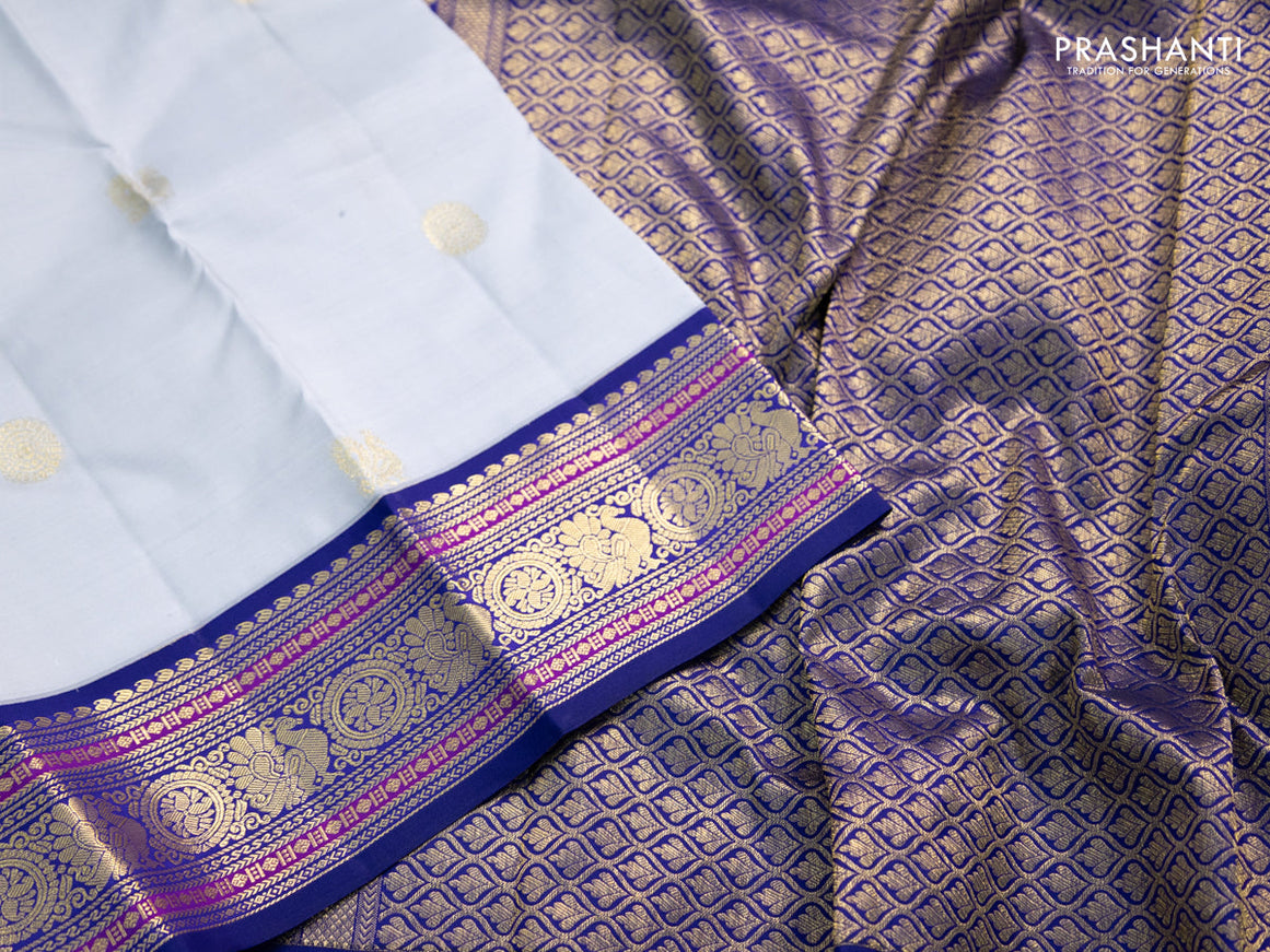 Pure kanchipuram silk saree pastel grey and blue with annam zari woven buttas and zari woven korvai border