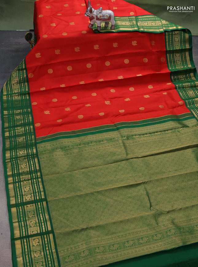 Pure kanchipuram silk saree red and green with annam zari woven buttas and zari woven korvai border