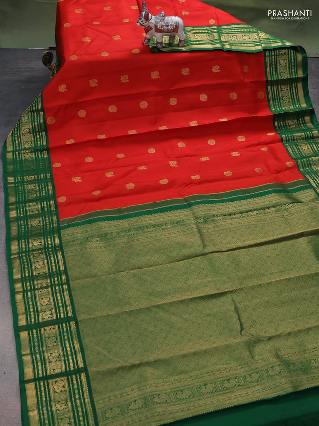 Pure kanchipuram silk saree red and green with annam zari woven buttas and zari woven korvai border