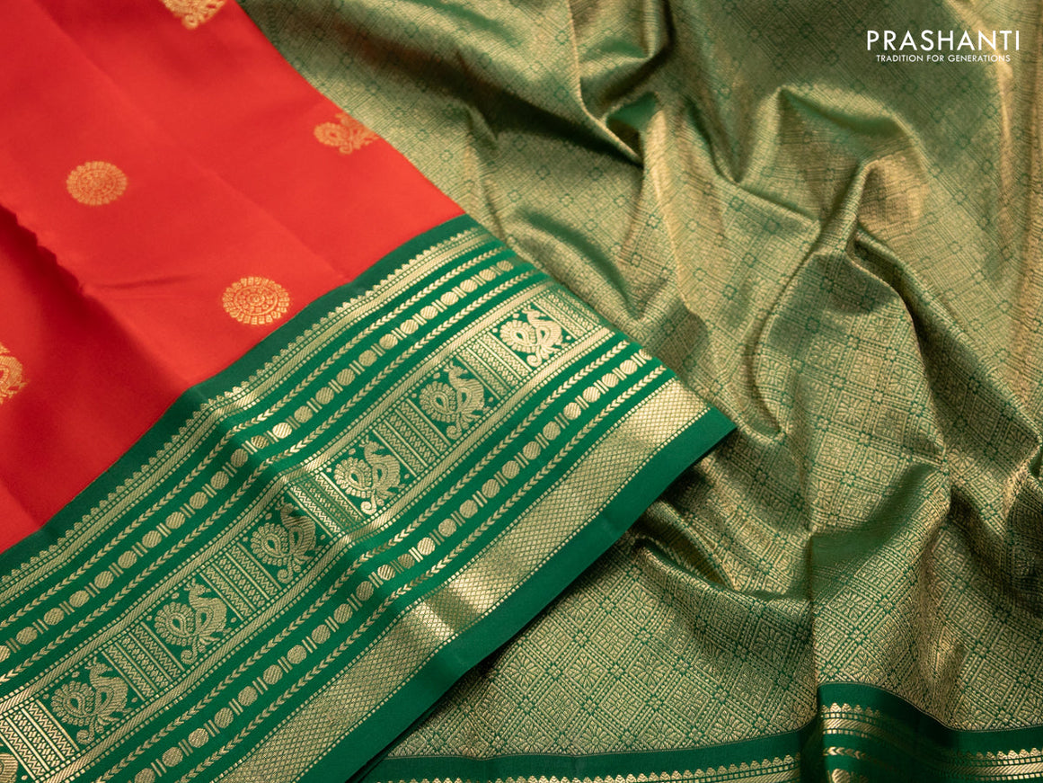 Pure kanchipuram silk saree red and green with annam zari woven buttas and zari woven korvai border