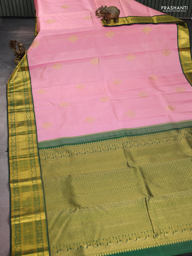 Pure kanchipuram silk saree light pink and dark green with zari woven buttas and zari woven korvai border
