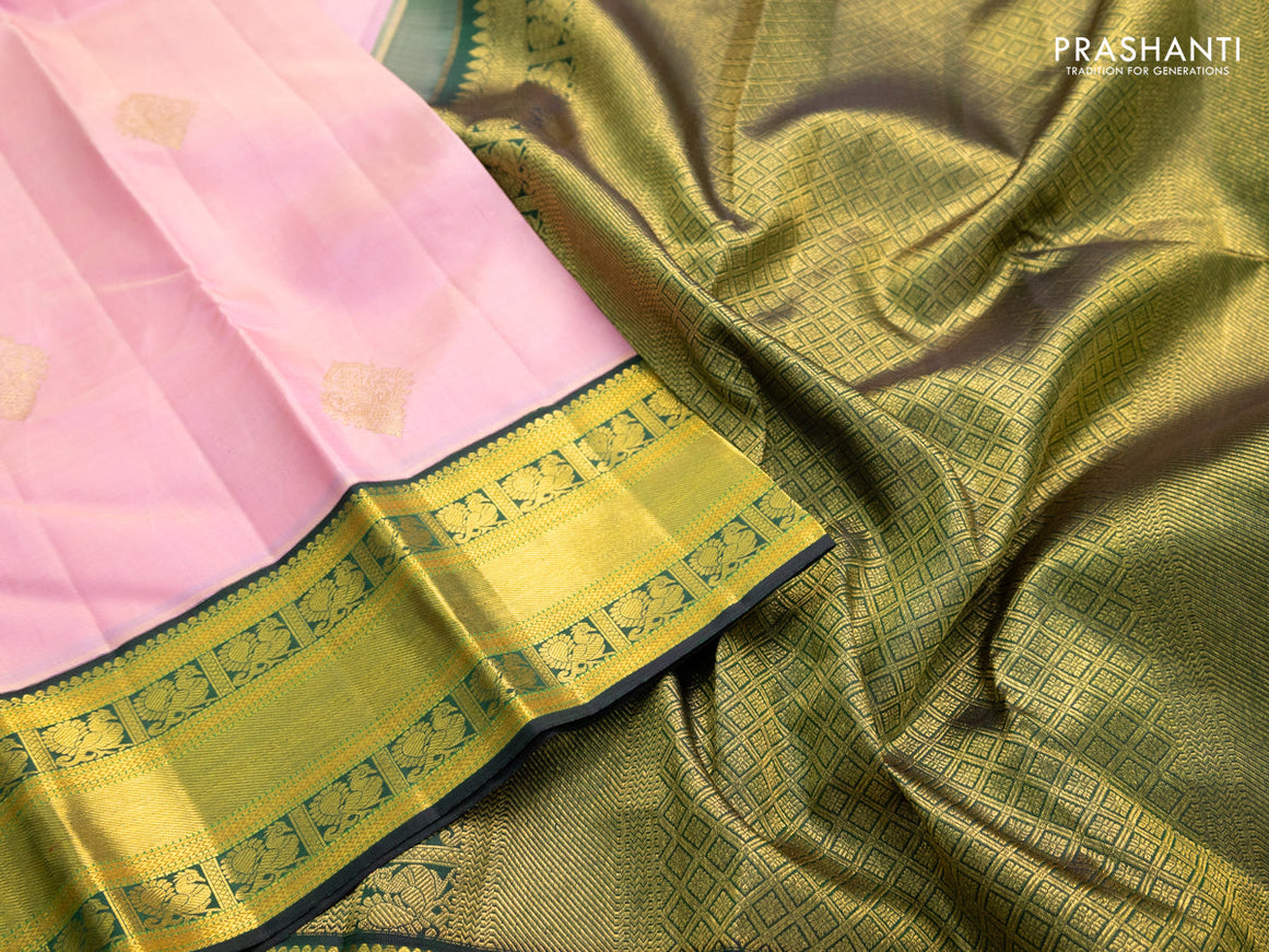 Pure kanchipuram silk saree light pink and dark green with zari woven buttas and zari woven korvai border