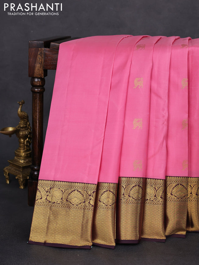 Pure kanchipuram silk saree light pink and deep coffee brown with zari woven buttas and zari woven korvai border