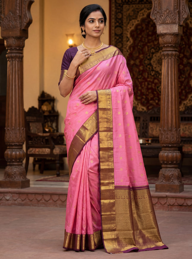 Pure kanchipuram silk saree light pink and deep coffee brown with zari woven buttas and zari woven korvai border