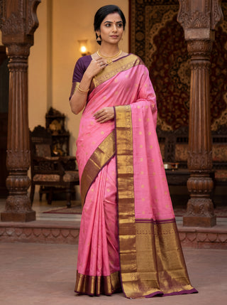 Pure kanchipuram silk saree light pink and deep coffee brown with zari woven buttas and zari woven korvai border