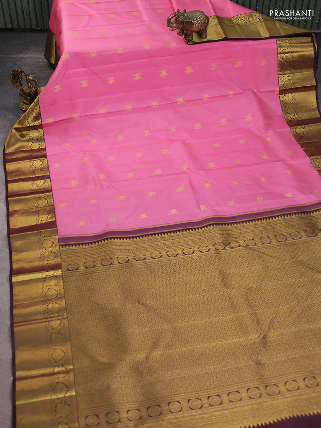 Pure kanchipuram silk saree light pink and deep coffee brown with zari woven buttas and zari woven korvai border