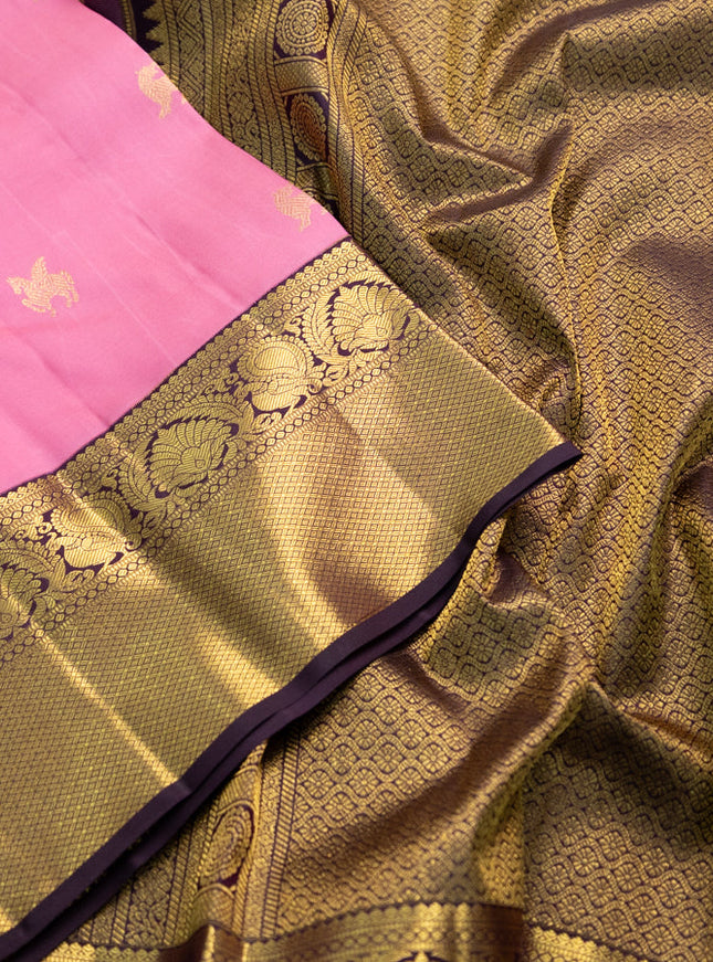 Pure kanchipuram silk saree light pink and deep coffee brown with zari woven buttas and zari woven korvai border