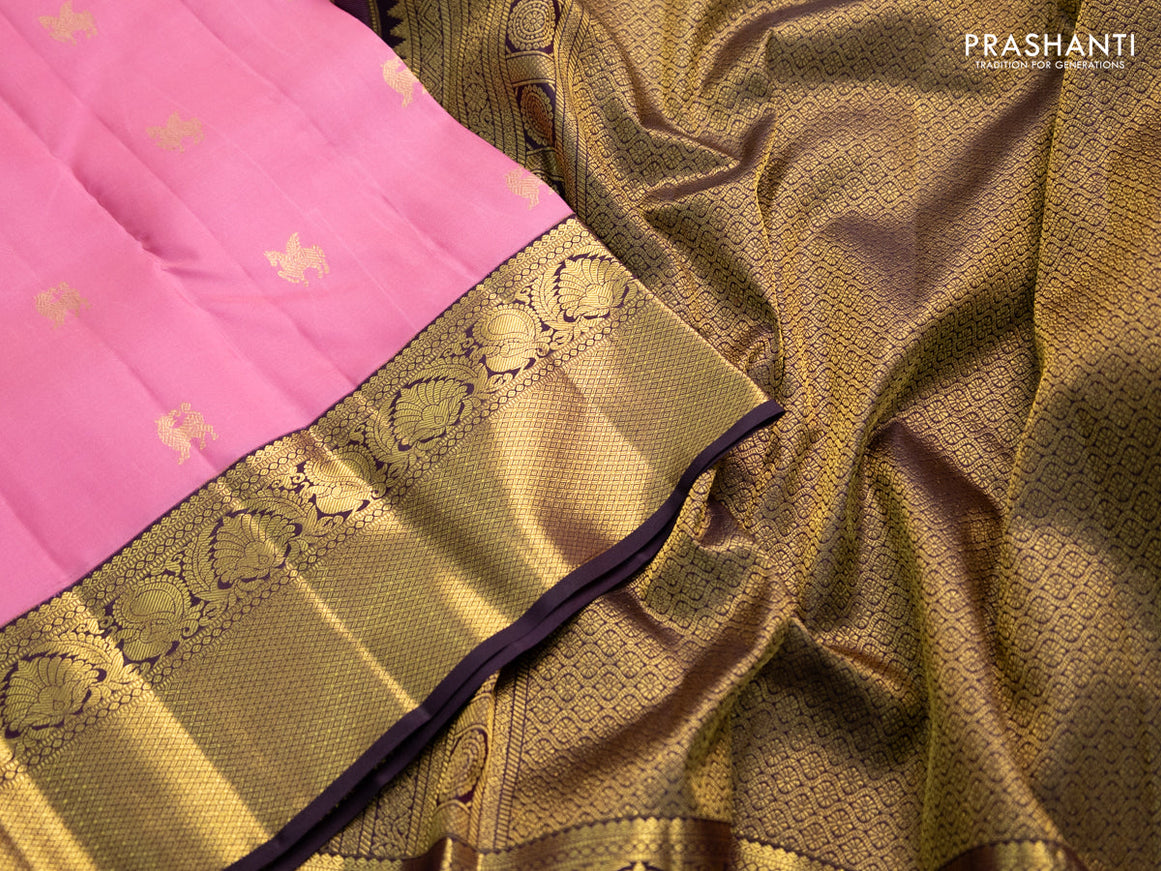 Pure kanchipuram silk saree light pink and deep coffee brown with zari woven buttas and zari woven korvai border