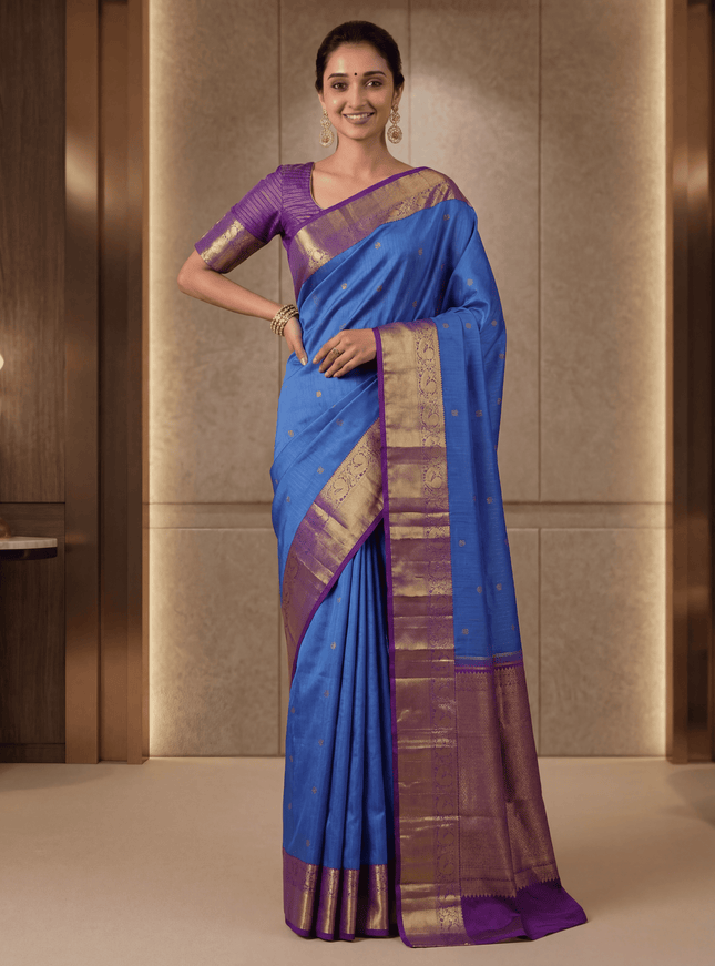 Pure kanchipuram silk saree cs blue and purple with allover zari woven vairaosi pattern & buttas and zari woven border