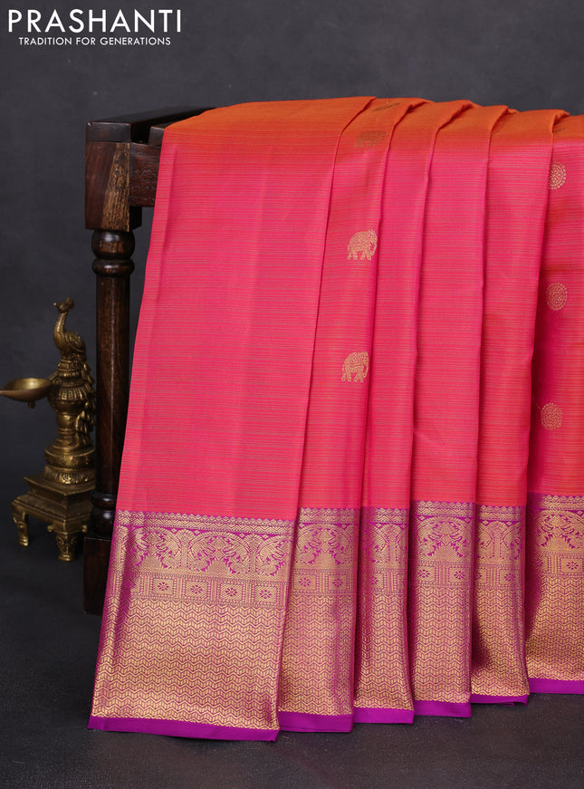 Pure kanchipuram silk saree dual shade of pinkish orange and purple with allover zari woven vairaosi pattern & buttas and zari woven border