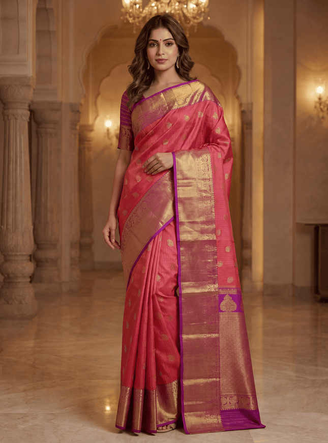 Pure kanchipuram silk saree dual shade of pinkish orange and purple with allover zari woven vairaosi pattern & buttas and zari woven border