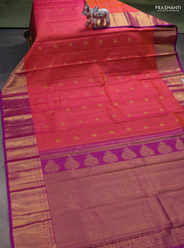 Pure kanchipuram silk saree dual shade of pinkish orange and purple with allover zari woven vairaosi pattern & buttas and zari woven border