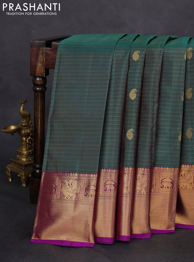 Pure kanchipuram silk saree peacock green and violet with allover zari woven vairaosi pattern & buttas and zari woven border