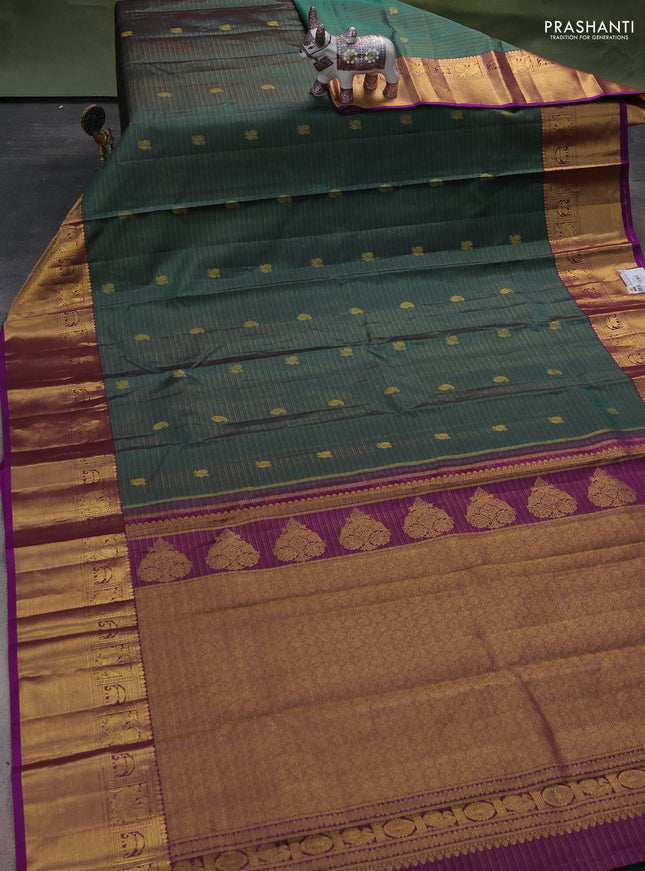 Pure kanchipuram silk saree peacock green and violet with allover zari woven vairaosi pattern & buttas and zari woven border