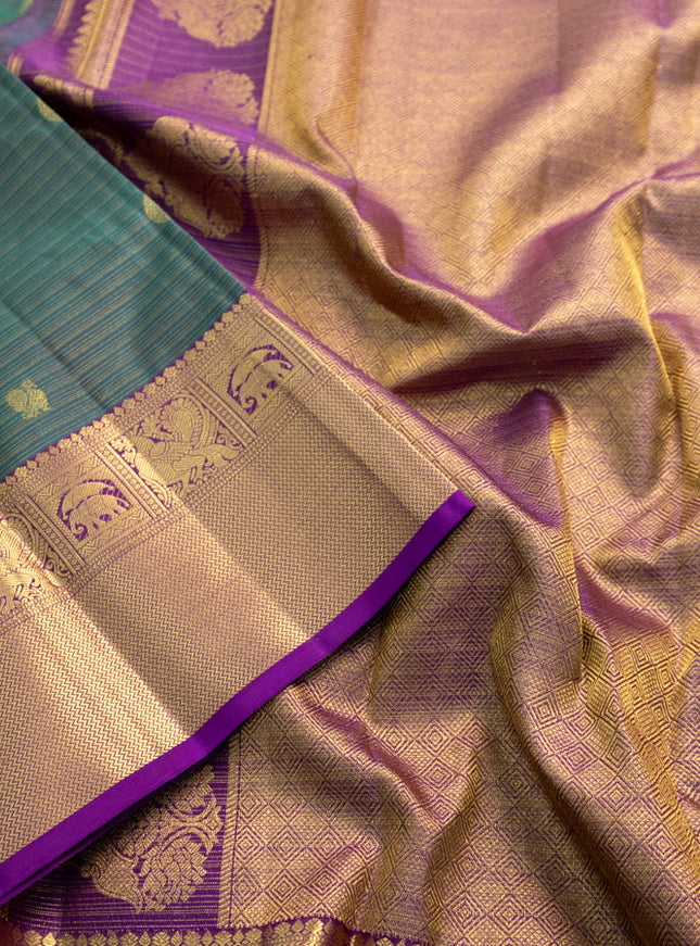 Pure kanchipuram silk saree peacock green and violet with allover zari woven vairaosi pattern & buttas and zari woven border